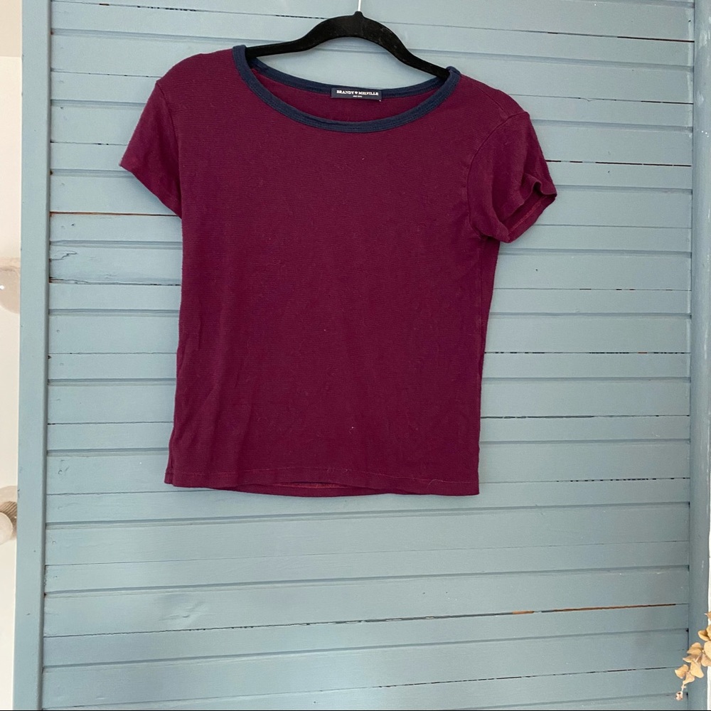 OSFA; Brandy Melville Maroon and Navy Blue Striped Tee